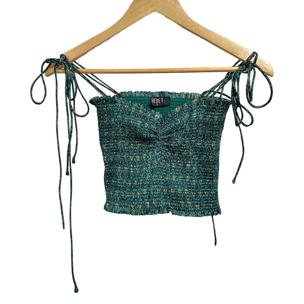 Reset The Sailor Green‎ Combo Floral Smocked Tie Cropped Top Size Small #JT517L